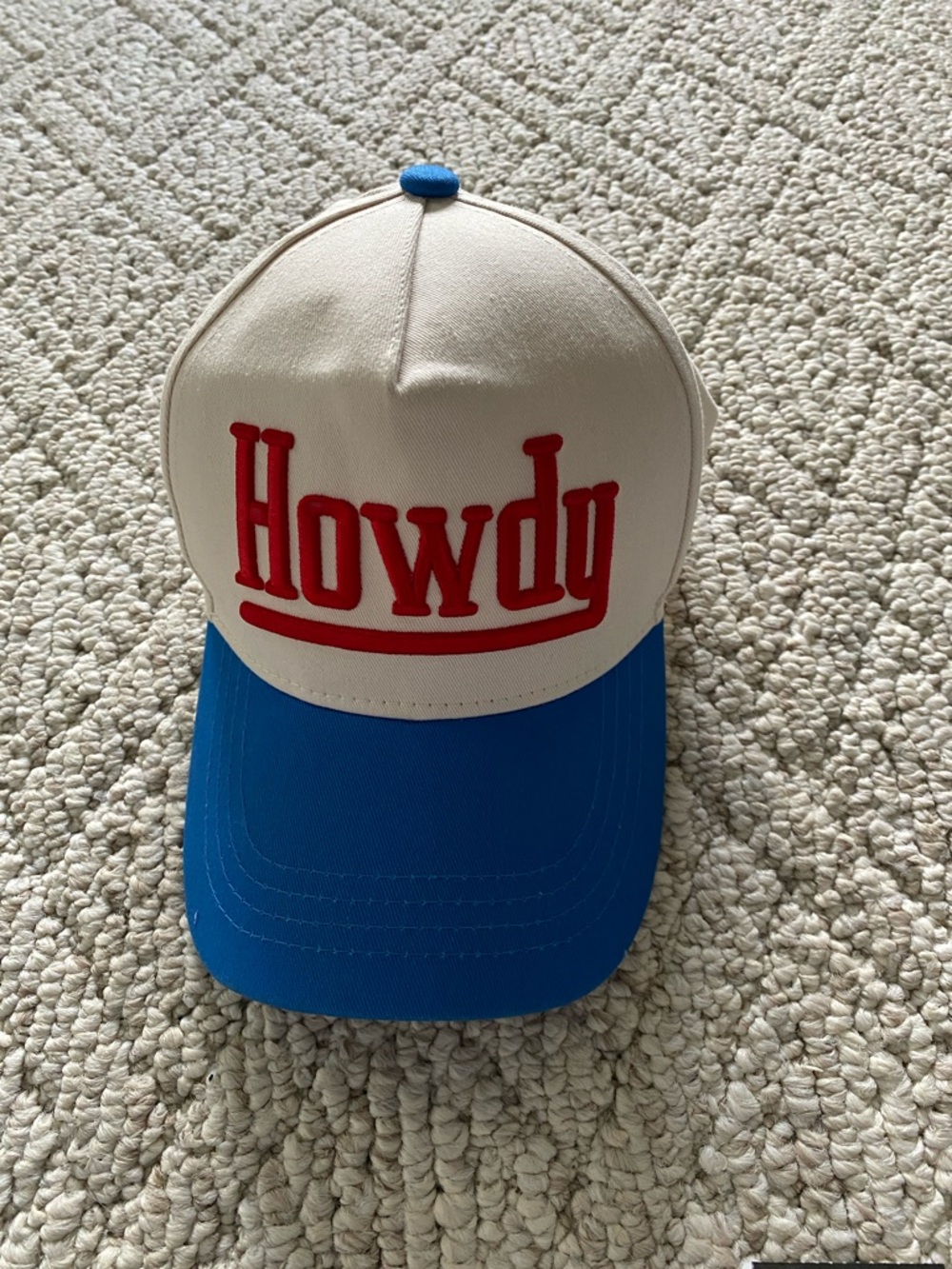 Howdy Embroidered Trucker Hat in White and Blue